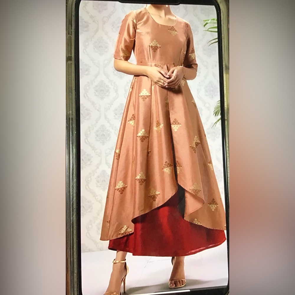 New Indya Tunic Maxi Dress Foil Print Layered Flared Kurta Size 2XL 100% Silk